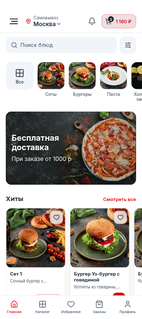 Пример мобильного меню на сайте доставки